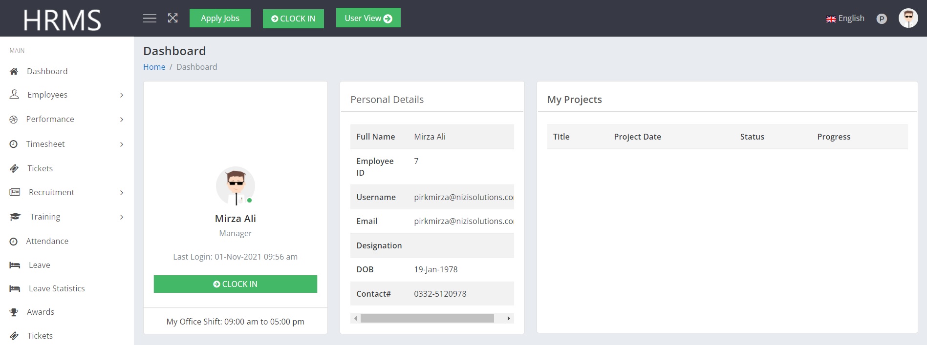 Employee dashboard and user profile