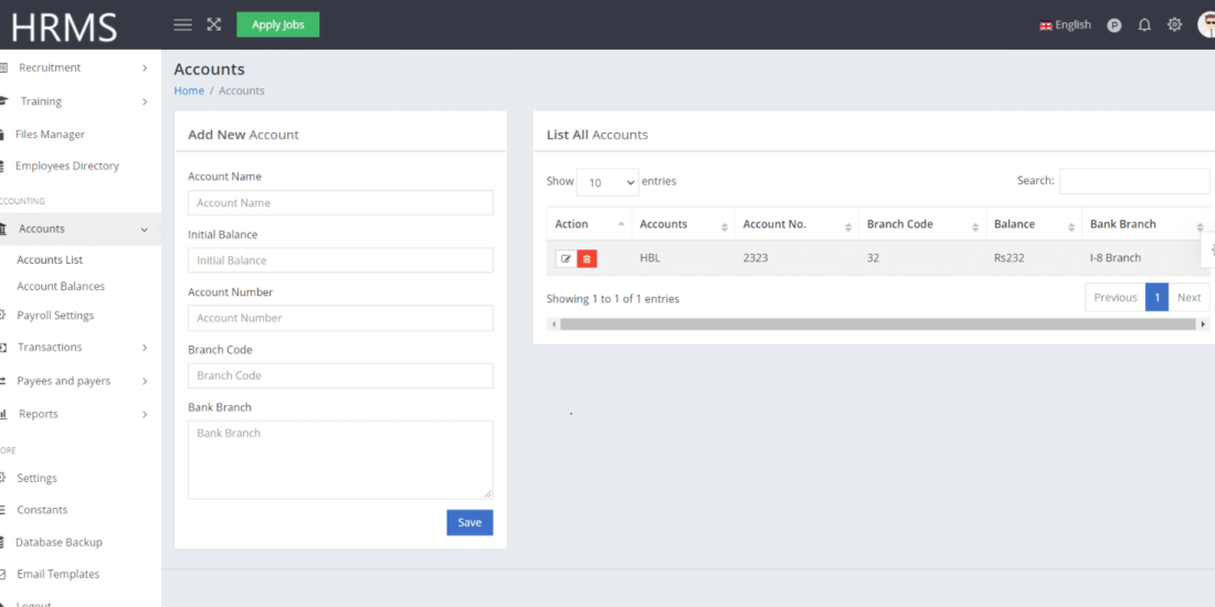 Accounts management HRMS