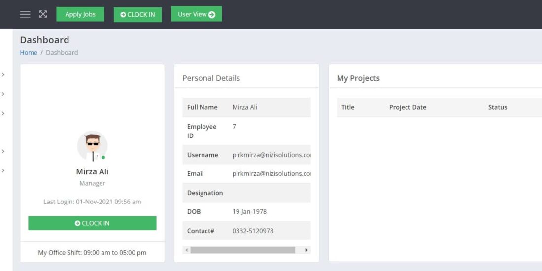 Employee dashboard and user profile