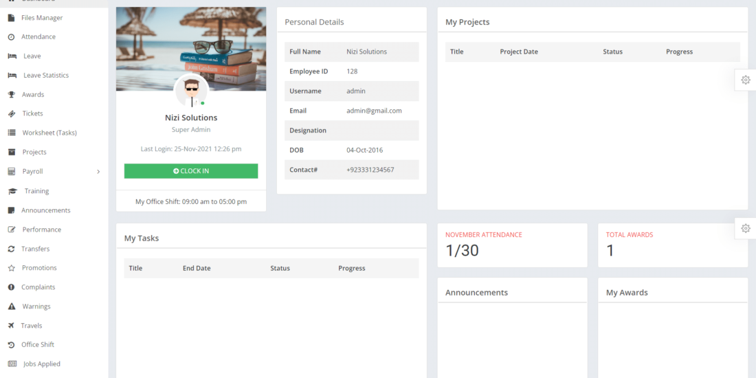 Employee dashboard and user profile with payroll training features